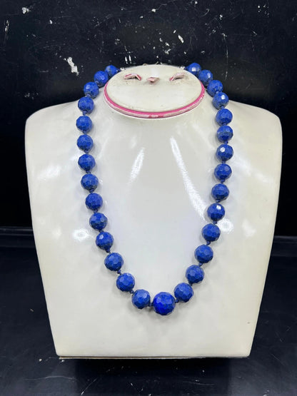 Natural Blue Stone Bead Necklace – Faceted Round Beads Boho Handmade Jewelry