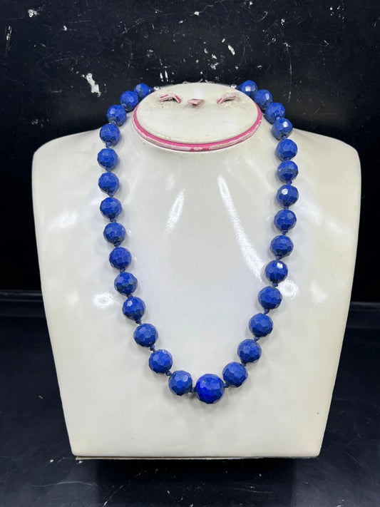 Natural Blue Stone Bead Necklace – Faceted Round Beads Boho Handmade Jewelry