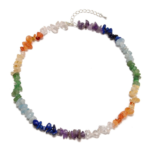 Chakra Rainbow Gemstone Chips Beaded Necklace 5-8mm | 16"-17.5" Adjustable Length