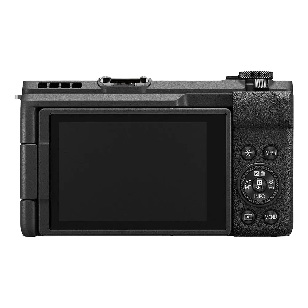 Black digital camera with screen and control buttons on a white background